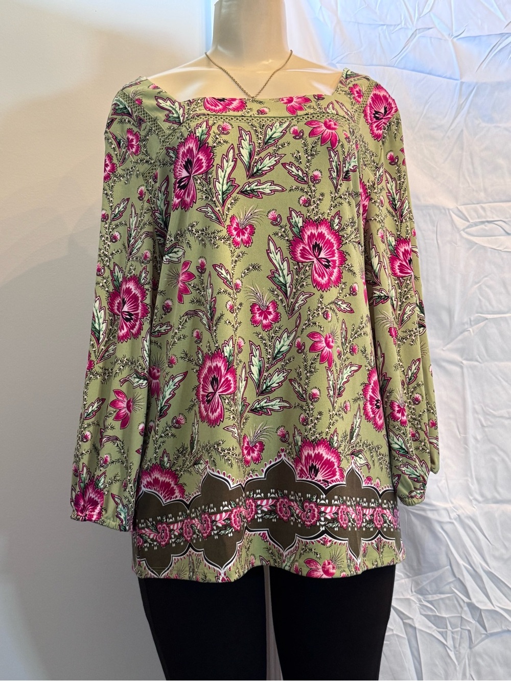 JM Collection Olive Green Floral Square-Neck Blouse with Pink Blooms
